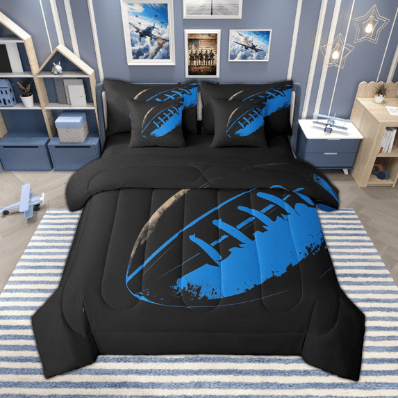 Manfei American Football Bedding Comforter Set 7pcs for Boys, Sports Theme Full Bedding Set, Black Blue Fitted Sheet Flat Sheet, Luxury Bedroom Decor