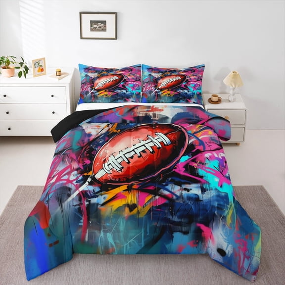 Manfei American Rugby Games Bedding Comforter Set,Colorful Graffiti Hippie Twin Comforter Sets,Kids Rugby Sport Bedding Set,Microfiber Bedroom Decor Reversible,2 Pieces