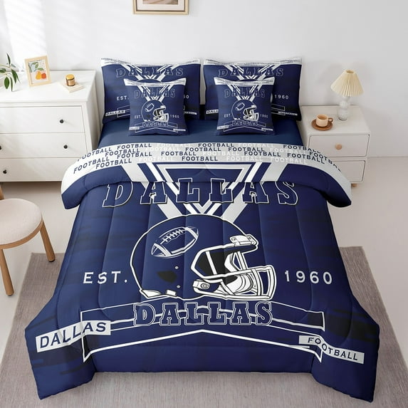 Manfei American Ball Sport City Bed in a Bag King Size,Dallas Bed Set,Blue Rugby Helmet Bedding King Size For Boys,Lightweight Room Decoration Reversible,7 Pieces