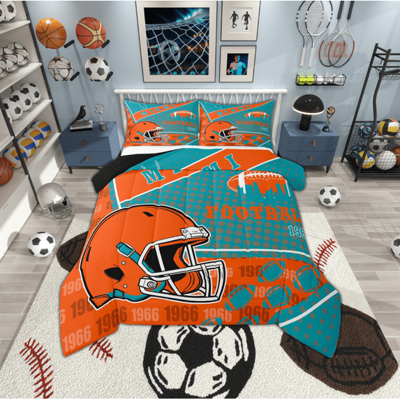 Manfei American Football City Full Size Comforter Sets,Miami Bedding Comforter Set,Orange Rugby Helmet Bedding Sets For Boys,Lightweight Room Decoration Reversible,3-Piece