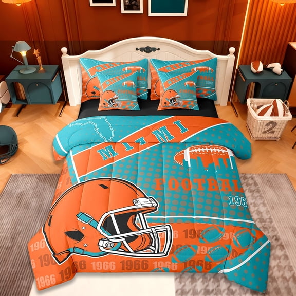 Manfei American Ball Sport City Twin Bedding Sets 7pcs,Miami Bedding Comforter Set 7pcs,Orange Rugby Helmet Sheet Sets For Boys,Lightweight Room Decoration Reversible