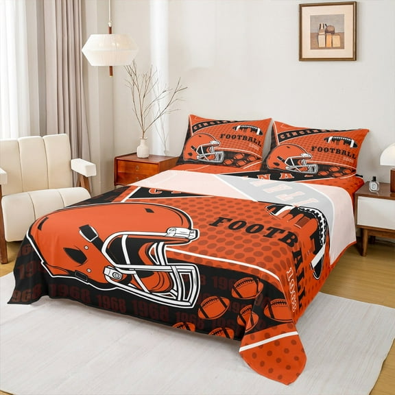 Manfei Rugby Ball Sport City Twin Sheet Sets,Cincinnati Twin Fitted Sheet,Orange Rugby Helmet Flat Sheet For Boys,Lightweight Room Decoration,3-Piece