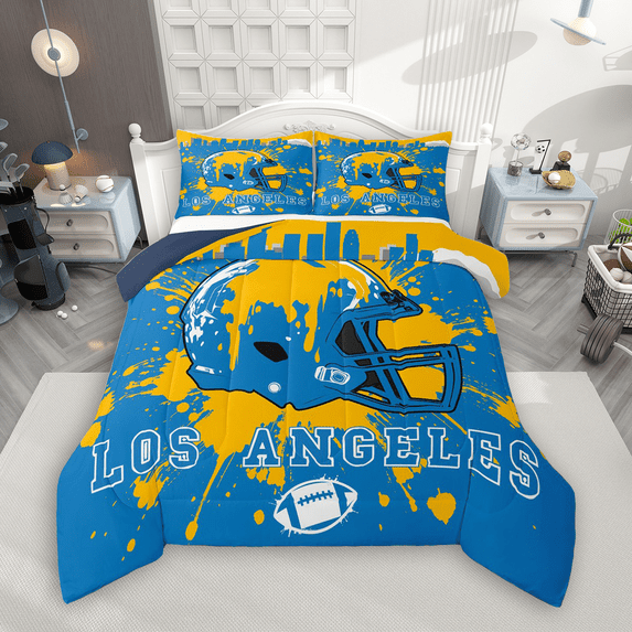 Manfei American Football Full Size Comforter Sets 3-Piece for Kids Teens, Rugby Helmet Bedding Comforter Set, Blue Orange Graffiti Splash Bedding Sets, Super Cozy Room Decor