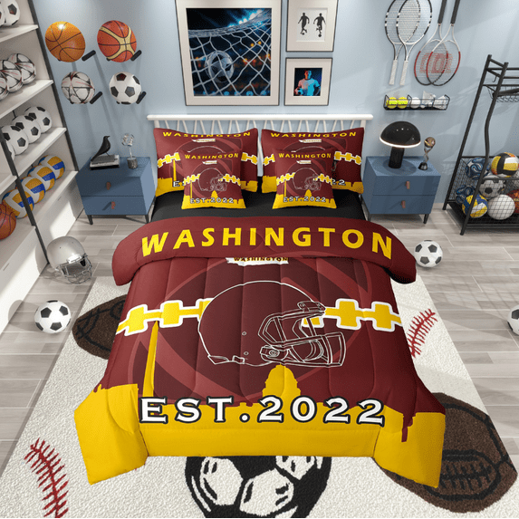 Manfei American Ball Sport Silhouette Bed in a Bag Twin Size,Rugby Sport Bed Set,Red Helmet Bedding Twin Size For Boys,Lightweight Room Decoration Reversible,7 Pieces