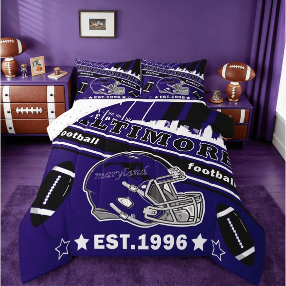 Manfei American Rugby Games Silhouette Bedding Comforter Set,Baltimore Twin Comforter Sets,Purple Rugby Helmet Bedding Set For Boys,Lightweight Room Decoration Reversible,2 Pieces