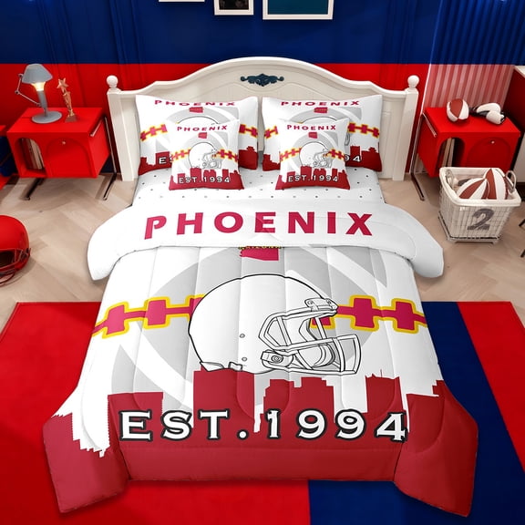 Manfei American Ball Sport Silhouette Bedding Twin Size,Phoenix Comforter Sets with Sheets,White Rugby Helmet Bedding Sets Twin Size For Boys,Lightweight Room Decoration Reversible,7pcs