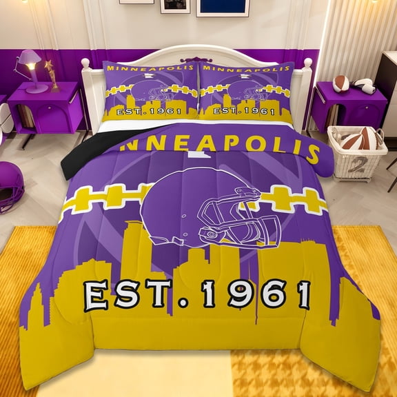 Manfei American Rugby Games Silhouette Comforter Sets Twin Size,Minneapolis Comforters & Duvets,Purple Rugby Helmet Bedding Twin Comforter Set For Boys,Lightweight Room Decoration Reversible,2-Piece
