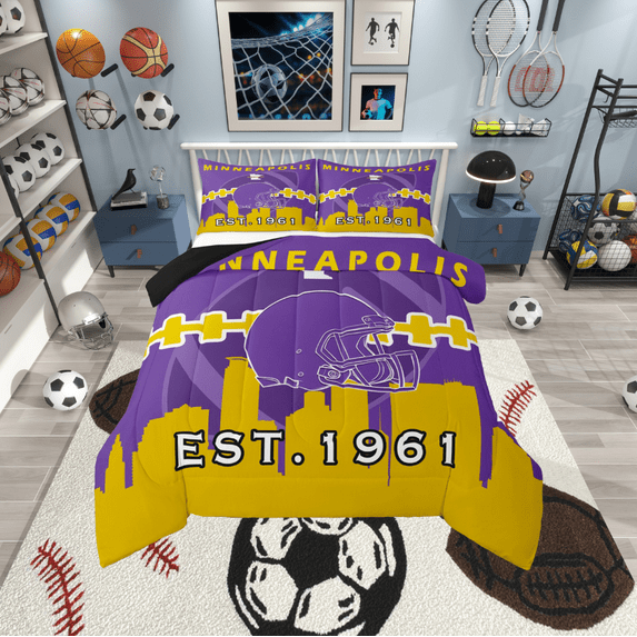 Manfei American Rugby Games Silhouette Comforter Sets Twin Size,Minneapolis Comforters & Duvets,Purple Rugby Helmet Bedding Twin Comforter Set For Boys,Lightweight Room Decoration Reversible,2-Piece