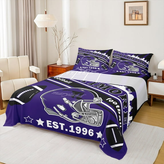 Manfei American Football Silhouette Full Size Sheets,Baltimore Bed Sheets,Purple Rugby Helmet Sheet Sets For Boys,Lightweight Room Decoration,4pcs