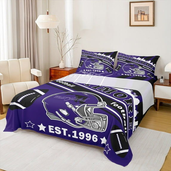 Manfei Rugby Ball Sport Silhouette Twin Sheet Sets,Baltimore Twin Fitted Sheet,Purple Rugby Helmet Flat Sheet For Boys,Lightweight Room Decoration,3 Pieces
