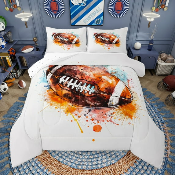 Manfei American Rugby Games Sports Queen Comforter Set,Rugby Ball Game Bedding Sets,Brown White Bedding Comforter Set For Boys Teens,Ultra Soft Home Decor Reversible,3-Piece
