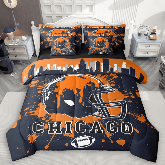 Manfei American Football Twin Bedding Sets 7pcs for Kids Teens, Rugby Helmet Bedding Comforter Set, Black Orange Graffiti Splash Sheet Sets, Luxury Bedroom Decor