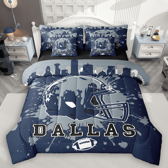 Manfei American Football Twin Bedding Sets 7pcs for Kids Teens, Rugby Helmet Bedding Comforter Set, Navy Gray Graffiti Splash Sheet Sets, Super Cozy Room Decor