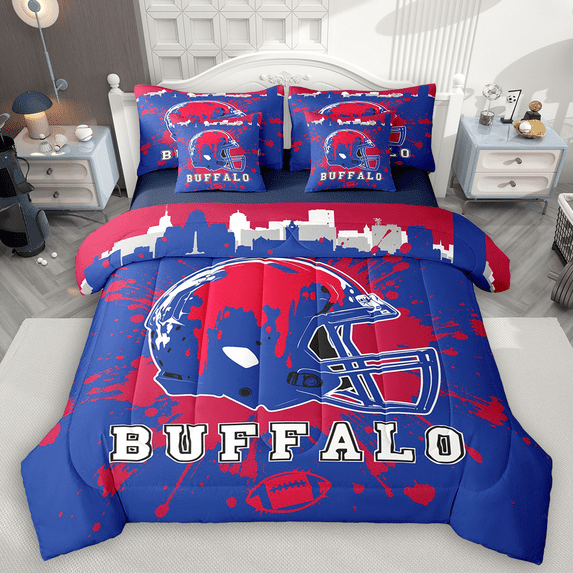 Manfei American Football Twin Bedding Sets 7pcs for Kids Teens, Rugby Helmet Bedding Comforter Set, Navy Red Graffiti Splash Sheet Sets, Lightweight Room Decor