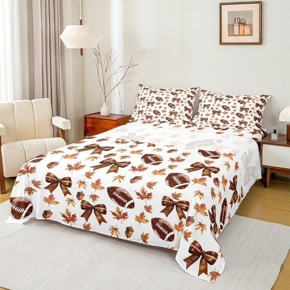 Manfei Rugby Ball Sport Twin Sheet Sets,Brown Bowtie Bow Twin Fitted Sheet,Rugby Sports Flat Sheet For Boys Girls,Ultra Soft Home Decor,3pcs