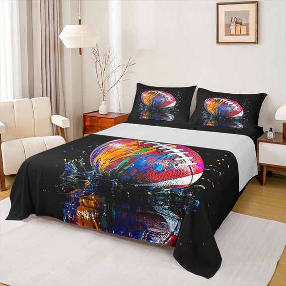 Manfei Rugby Ball Sport Twin Sheet Sets,Watercolor Graffiti Twin Fitted Sheet,Kids Rugby Sport Flat Sheet,Microfiber Bedroom Decor,3pcs
