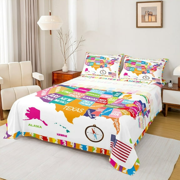 Manfei American Map Print Bed Sheets, Kawaii Cartoon King Sheets, Teens Kids Boys Girls Sheet Set, Microfiber Bedroom Decor, 4 Pieces