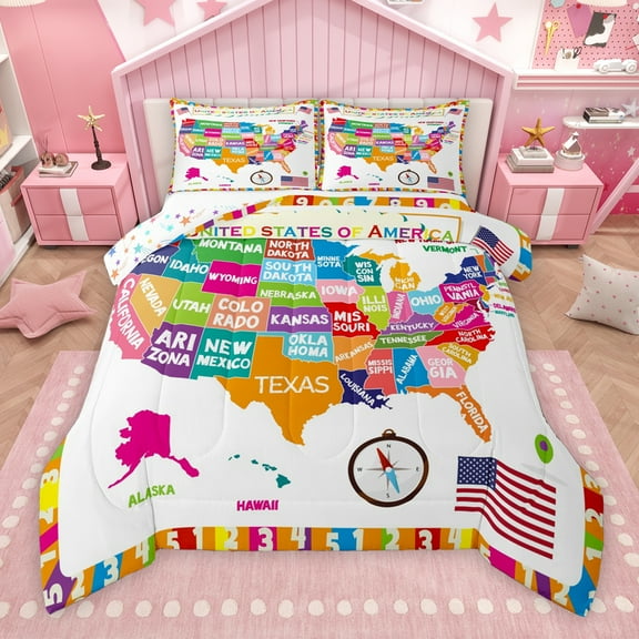 Manfei American Map Print Bedding Comforter Set, Kawaii Cartoon Twin Comforter Sets, Teens Kids Boys Girls Reversible Bedding Set, Microfiber Bedroom Decor, 2 Pieces