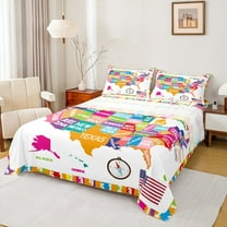 Manfei American Map Print Twin Sheet Sets, Kawaii Cartoon Twin Fitted Sheet, Teens Kids Boys Girls Flat Sheet, Microfiber Bedroom Decor, 3 Pieces