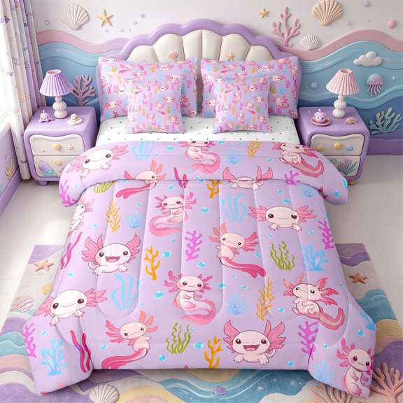 Manfei Amphibian Axolotl Print 7-Piece Twin Bedding,Cartoon Animal Bedding Comforter Set,Reversible
