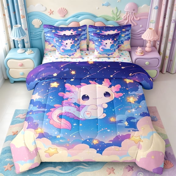 Manfei Amphibian Axolotl Print 7-Piece Twin Bedding,Colorful Animal Bedding Comforter Set,Colorful Stars Reversible
