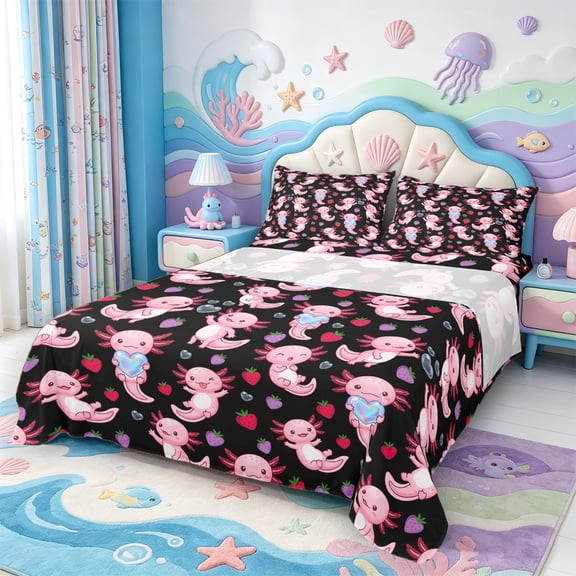 Manfei Amphibian Axolotl Print Bed Sheets,Cartoon Salamander Full Size Sheets,4-Piece,1 Flat Sheet,1 Fitted Sheet and 2 Pillowcases