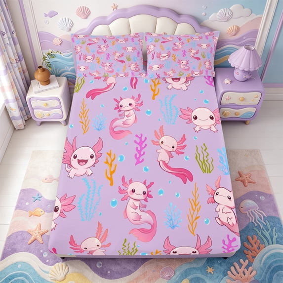 Manfei Amphibian Axolotl Print Fitted Sheet Full,Cartoon Animal Bed Set,3-Piece,1 Fitted Sheet and 2 Pillowcases