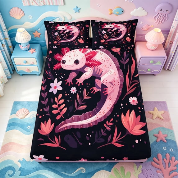 Manfei Amphibian Axolotl Print Fitted Sheet Queen,Cute Salamander Bedding,3 Pieces,1 Fitted Sheet and 2 Pillowcases