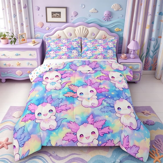 Manfei Amphibian Axolotl Print Full Size Comforter Sets,Aquatic Animal Bedding Comforter Set,Colorful Stars Reversible,3-Piece,1 Comforter and 2 Pillowcases