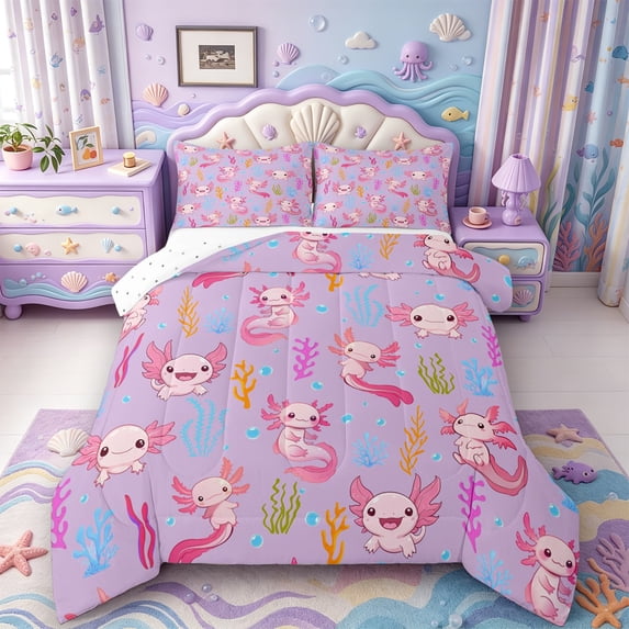Manfei Amphibian Axolotl Print Full Size Comforter Sets,Cartoon Animal Bedding Comforter Set,Reversible,3-Piece,1 Comforter and 2 Pillowcases