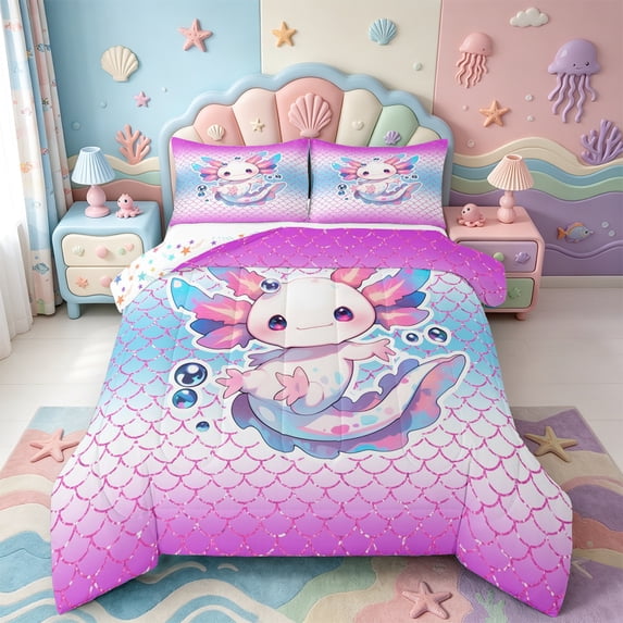 Manfei Amphibian Axolotl Print King Size Comforter Sets,Pastel Salamander Comforters King Size,Colorful Stars Reversible,3 Pieces,1 Comforter and 2 Pillowcases