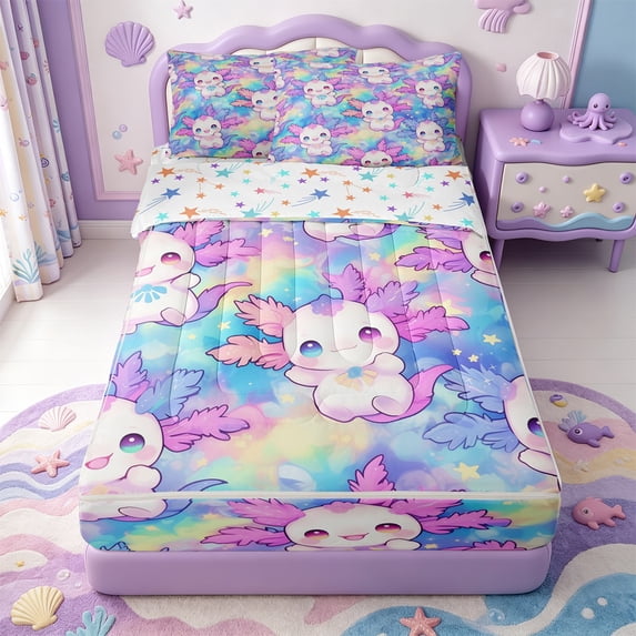 Manfei Amphibian Axolotl Print Zipper Twin Comforter Sets with Fitted Sheet and 2 Pillowcases,Aquatic Animal Zipper Bedding Set,Colorful Stars Reversible,4pcs
