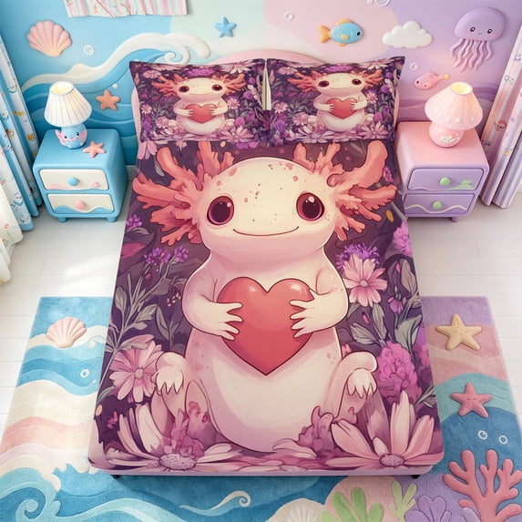 Manfei Amphibian Print Fitted Sheet Full,Kawaii Axolotl Bed Set,3 Pieces,1 Fitted Sheet and 2 Pillowcases