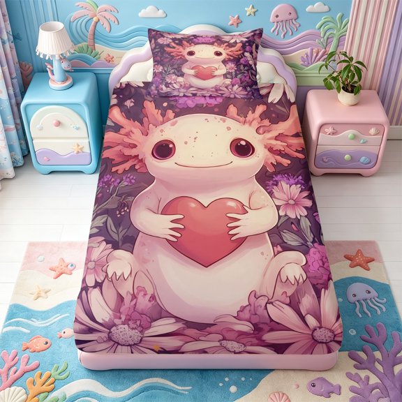 Manfei Amphibian Print Twin Fitted Sheet,Kawaii Axolotl Bedding,2-Piece,1 Fitted Sheet and 1 Pillowcase