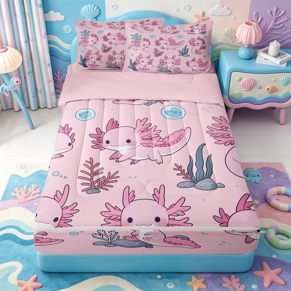 Manfei Amphibian Print Zipper Full Size Comforter Sets with Fitted Sheet and 2 Pillowcases,Cute Axolotl Zipper Bedding Set,Pink Reversible,4pcs