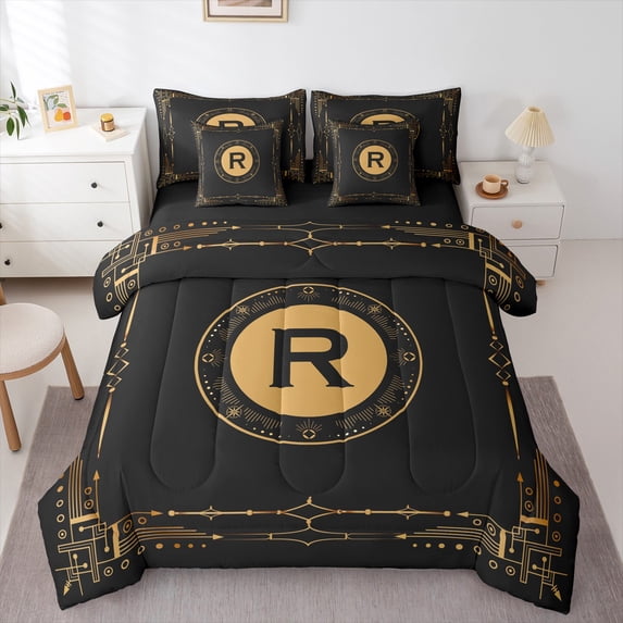 Manfei Anccient Boho Print 7-Piece Bedding Comforter Set,First Letter R King Bedding Sets,Black Gold Bed Sheets For Girls,Super Cozy Room Decor Reversible