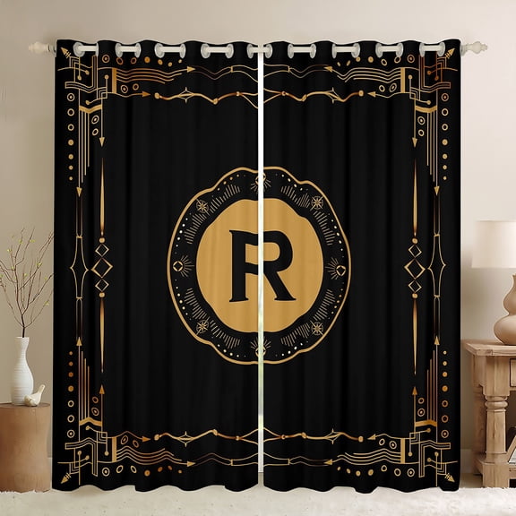 Manfei Anccient Boho Print Black Out Curtains,First Letter R Curtains Pack of 2 (42x63 Each),Black Gold Bedroom Curtains For Girls,Super Cozy Room Decor