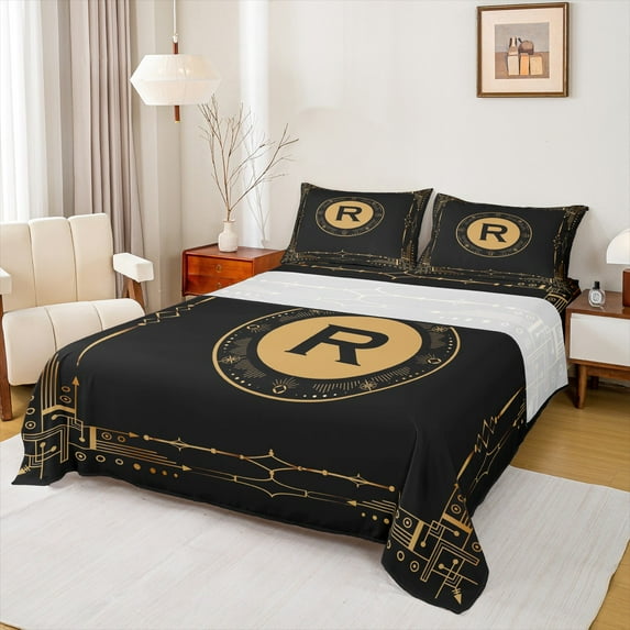 Manfei Anccient Boho Print Full Size Sheets,First Letter R Bed Sheets,Black Gold Sheet Sets For Girls,Super Cozy Room Decor,4pcs