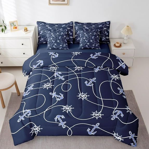 Manfei Anchor Wheel 7pcs Bedding Comforter Set,Nautical Theme Queen Bedding Sets Super Cozy,Geometric Lines Queen Sheet Sets,Ultra Soft Sea Bedroom Decorative,Reversible