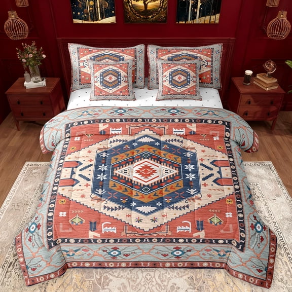 Manfei Ancient Aztec Theme 7 Pieces Bedding Comforter Set,Boho Tribal Flower Full Bedding Set,Orange Gray Fitted Sheet Flat Sheet For Adults,Ultra Soft Home Decor Reversible