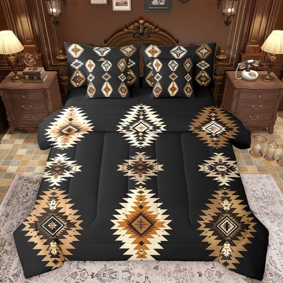 Manfei Ancient Aztec Theme 7 Pieces Bedding Comforter Set,Vintage Rhombus Triangle Full Bedding Set,Beige Brown Black Fitted Sheet Flat Sheet For Teens,Ultra Soft Home Decor Reversible