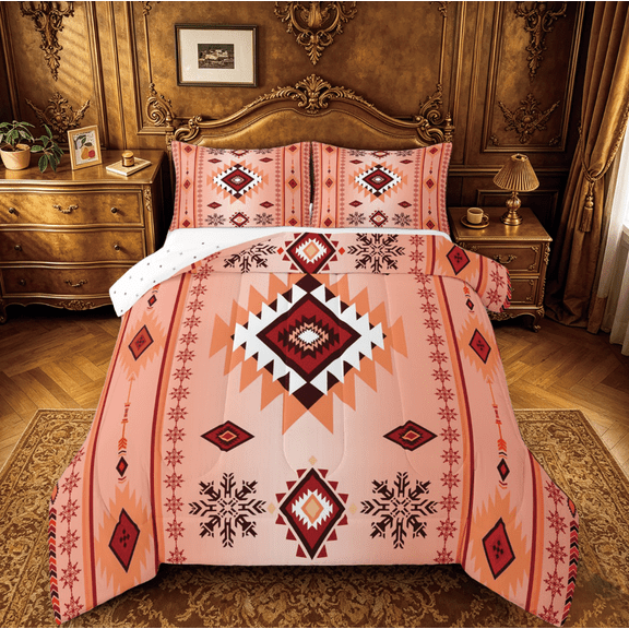 Manfei Ancient Aztec Theme Bedding Comforter Set,Orange Geometric Geometric Twin Comforter Sets,Boho bohemian Flower Bedding Set,Microfiber Bedroom Decorative Reversible,2 Pieces