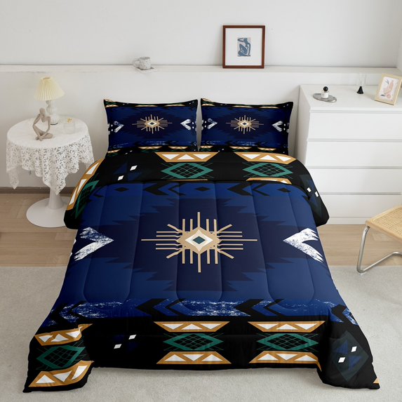 Manfei Ancient Aztec Theme Full Size Comforter Sets,Darkblue Geometric Geometry Bedding Comforter Set,Boho Bohemain Flower Bedding Sets,Microfiber Bedroom Decorative Reversible,3pcs