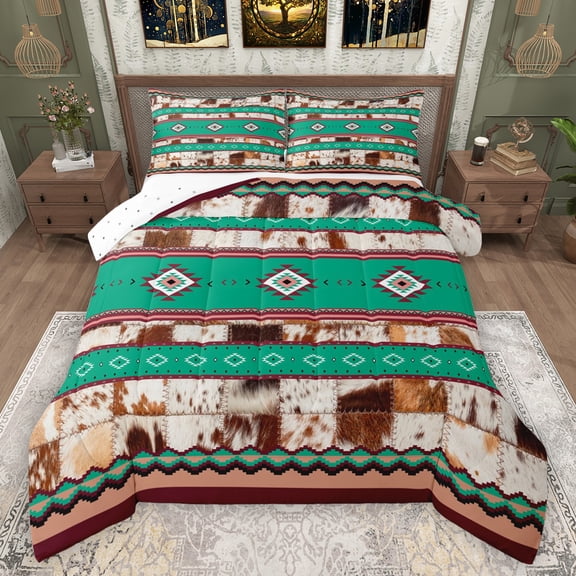 Manfei Ancient Aztec Theme Full Size Comforter Sets,Retro Rustic Cowhide Bedding Comforter Set,Cyan Brown Bedding Sets For Adults,Ultra Soft Home Decor Reversible,3pcs