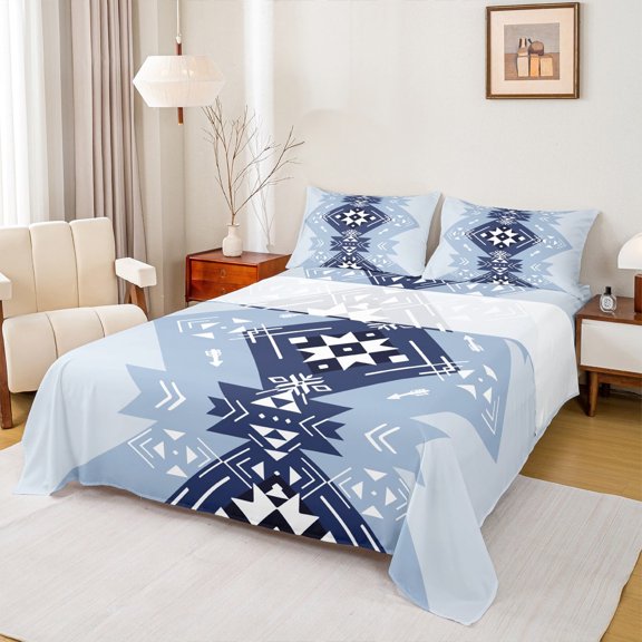 Manfei Ancient Aztec Theme Full Size Sheets,Blue Geometric Geometric Bed Sheets,Boho bohemian Flower Sheet Sets,Microfiber Bedroom Decorative,4-Piece