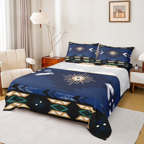 Manfei Ancient Aztec Theme Full Size Sheets,Darkblue Geometric Geometry Bed Sheets,Boho Bohemain Flower Sheet Sets,Microfiber Bedroom Decorative,4pcs