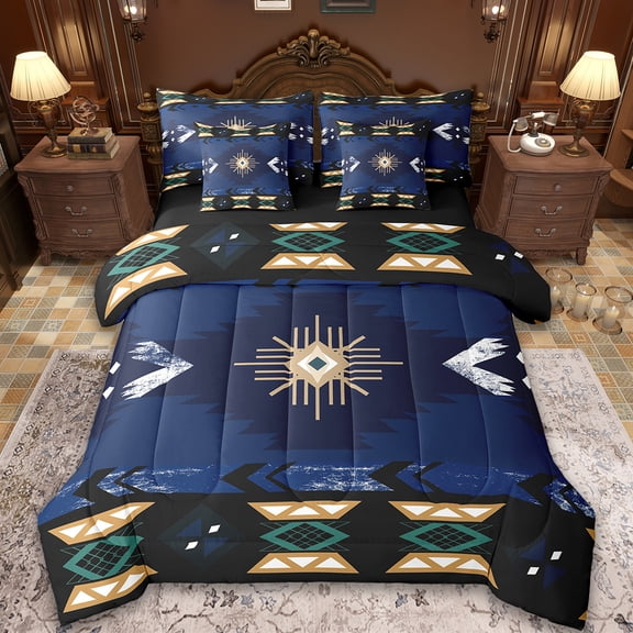 Manfei Ancient Aztec Theme Twin Bedding Sets 7 Pieces,Darkblue Geometric Geometric Bedding Comforter Set 7 Pieces,Boho bohemian Flower Sheet Sets,Microfiber Bedroom Decorative Reversible