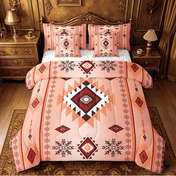 Manfei Ancient Aztec Theme Twin Bedding Sets 7 Pieces,Orange Geometric Geometric Bedding Comforter Set 7 Pieces,Boho bohemian Flower Sheet Sets,Microfiber Bedroom Decorative Reversible