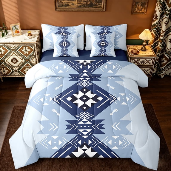 Manfei Ancient Aztec Theme Twin Bedding Sets 7pcs,Blue Geometric Geometric Bedding Comforter Set 7pcs,Boho bohemian Flower Sheet Sets,Microfiber Bedroom Decorative Reversible