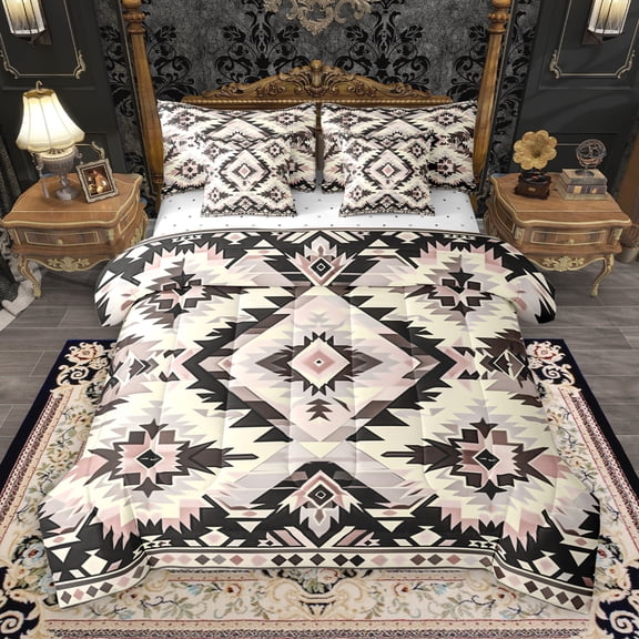 Manfei Ancient bohemian Aztec 7 Pieces Bedding Comforter Set,Boho Tribal Gemetric Full Bedding Set,Beige Black Gray Fitted Sheet Flat Sheet For Men Women,Super Cozy Room Decor Reversible